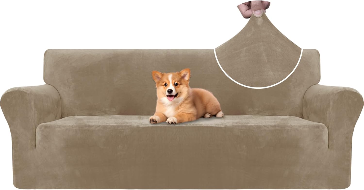 Copridivano Velluto Spesso 3 Posti, Cammello - immagine 1