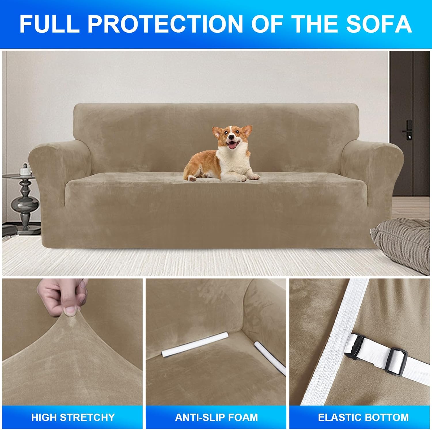 Copridivano Velluto Spesso 3 Posti, Cammello - immagine 4