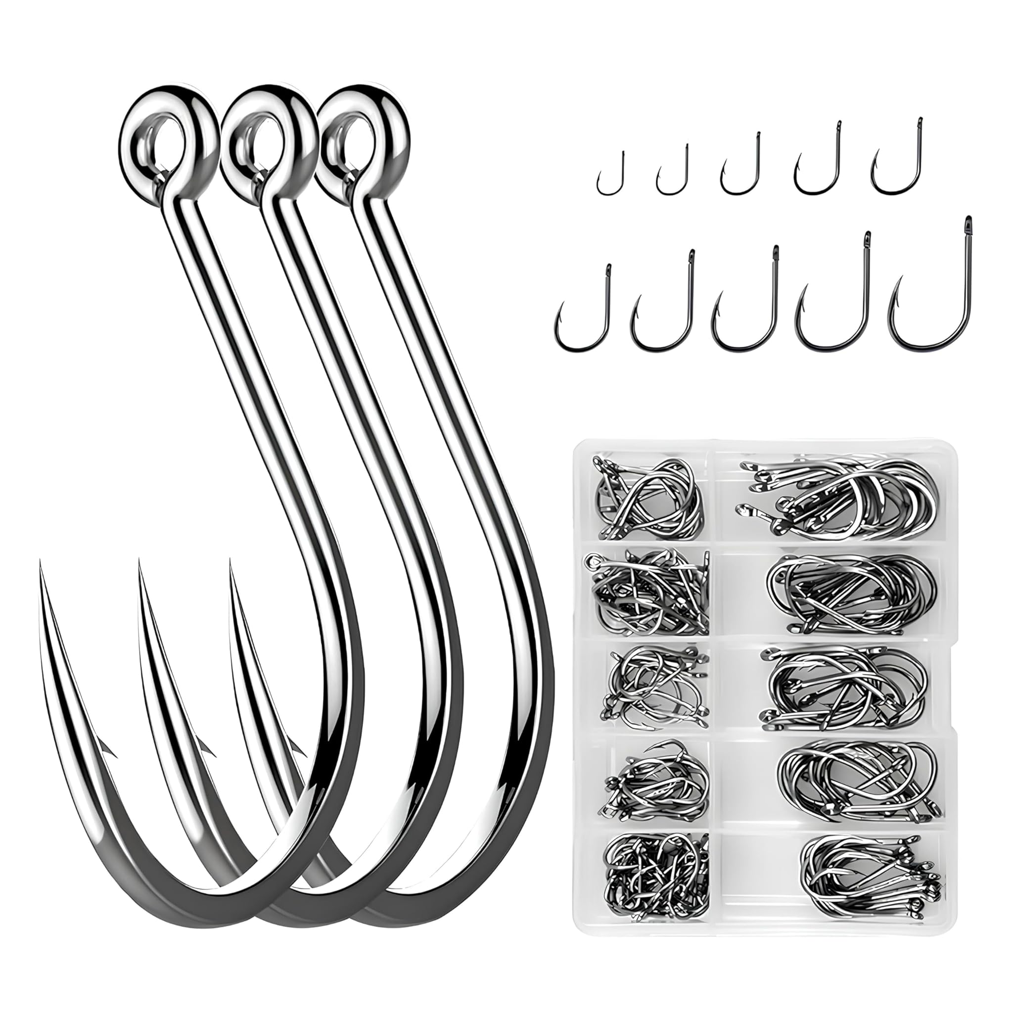 100pcs,Ami Pesca Mare,10 Misure(3#– 12#) di Ami da Pesca con Ardiglione in Acciaio al Carbonio, ami da Pesca, Adatti per la Pesca in Acqua Dolce e Salata