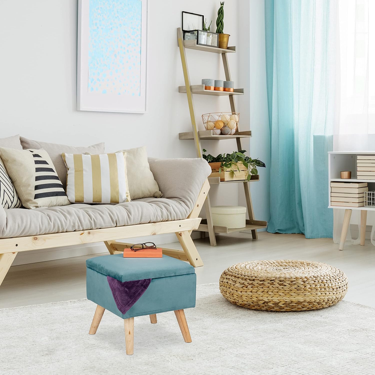 Relaxdays Sgabello Poggiapiedi Velluto 40x40x40 cm, Turchese - immagine 2