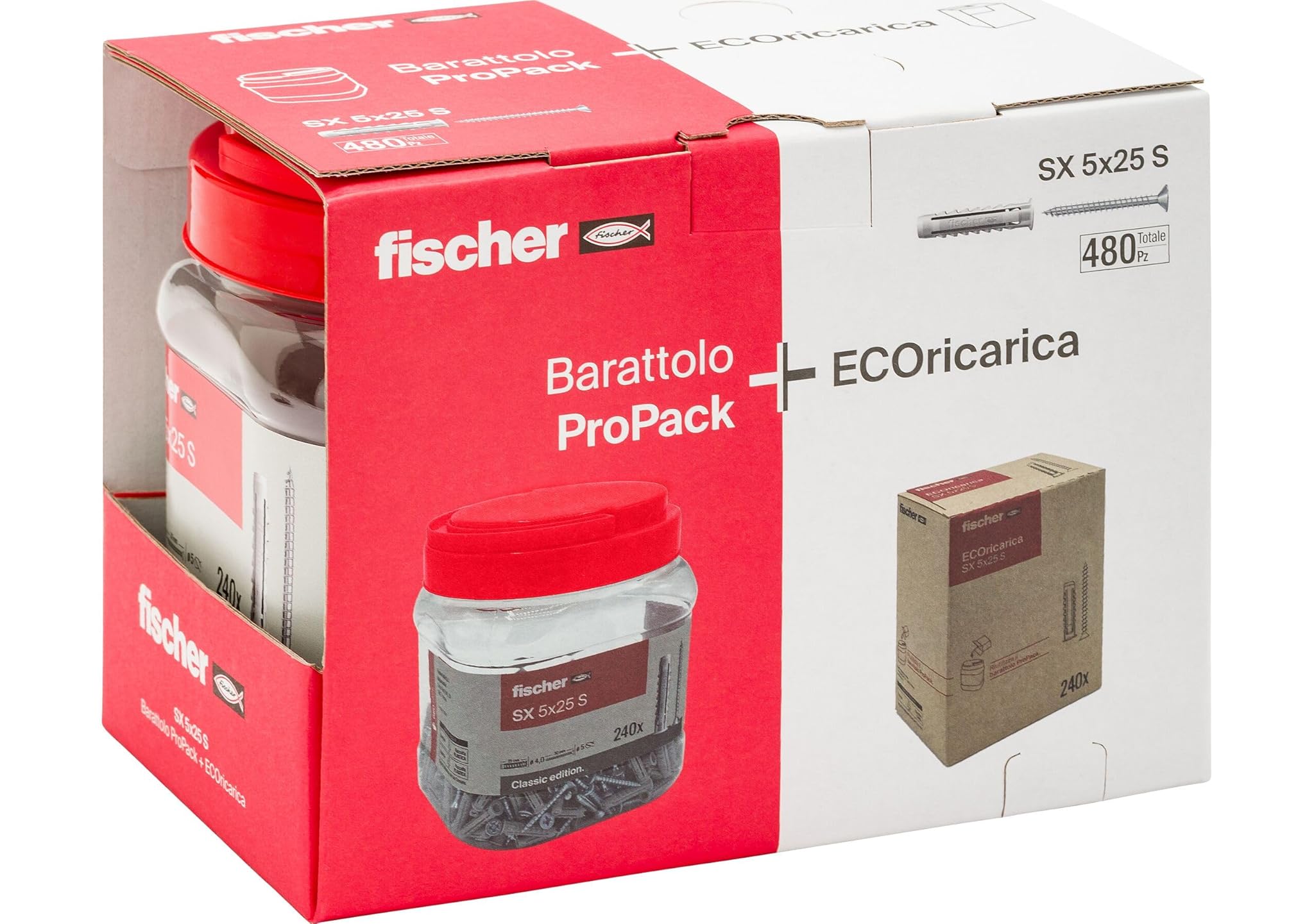 Fischer 480x Tasselli SX 5x25 con Vite, Pack con Barattolo + ECOricarica