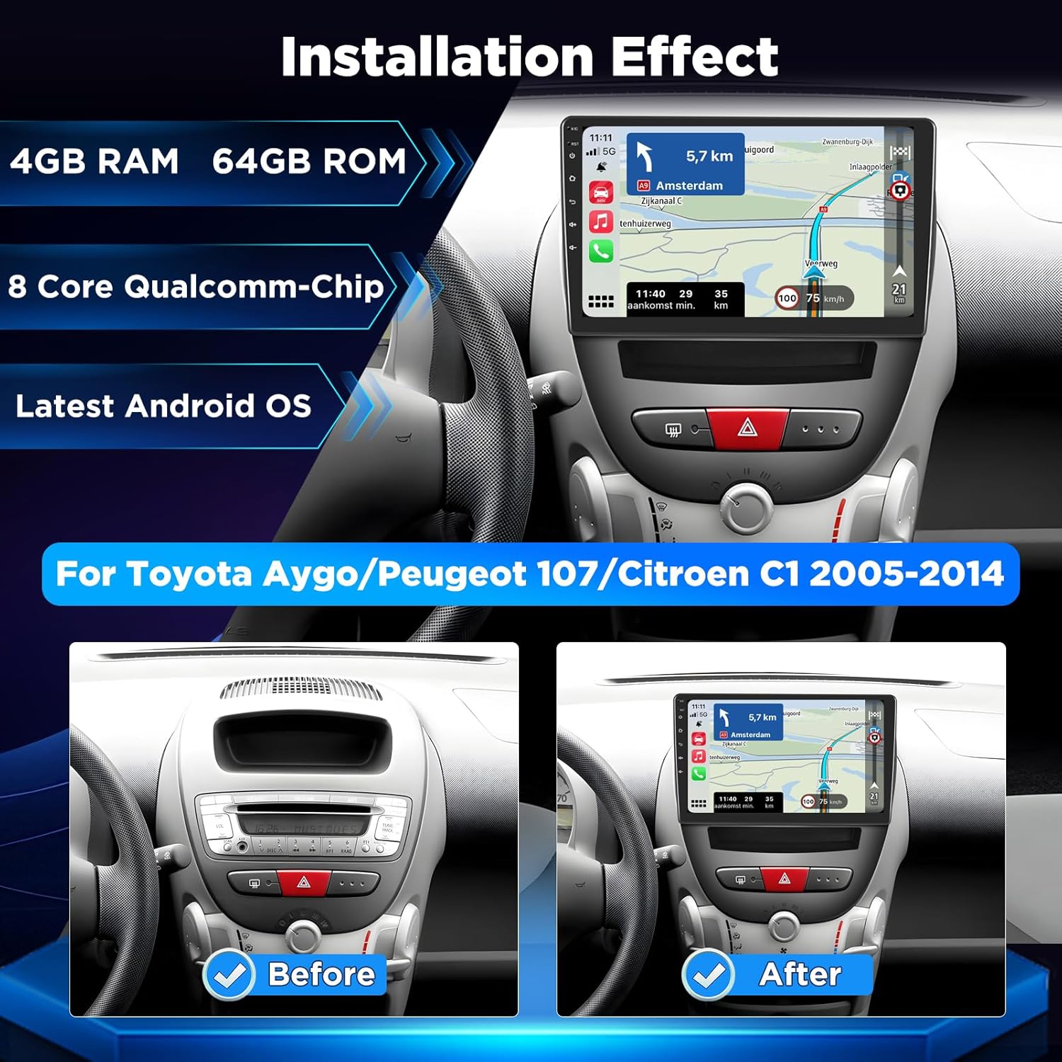 Autoradio Android 8-Core Qualcomm 4+64G per Toyota Aygo - immagine 2
