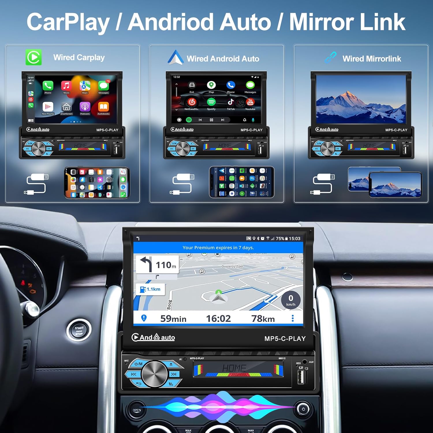 CAMECHO Autoradio 1 Din con Carplay & Android Auto - immagine 2