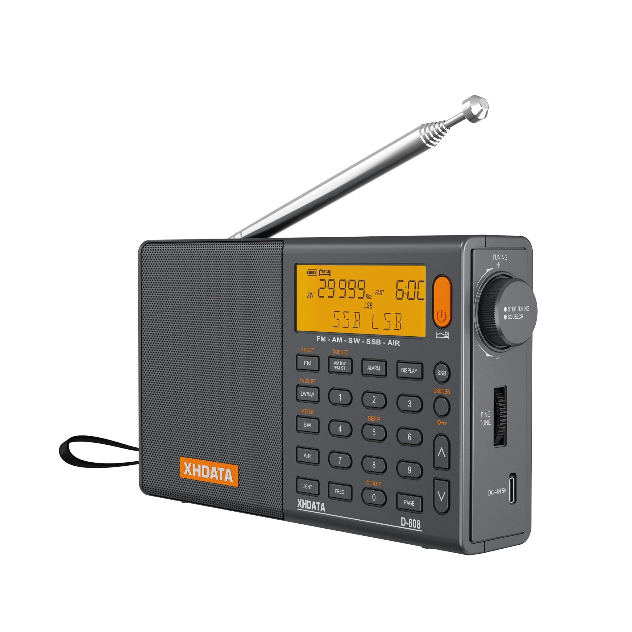 Xhdata D-808 Radio Digitale Portatile FM/SW/MW/LW SSB, Grigio