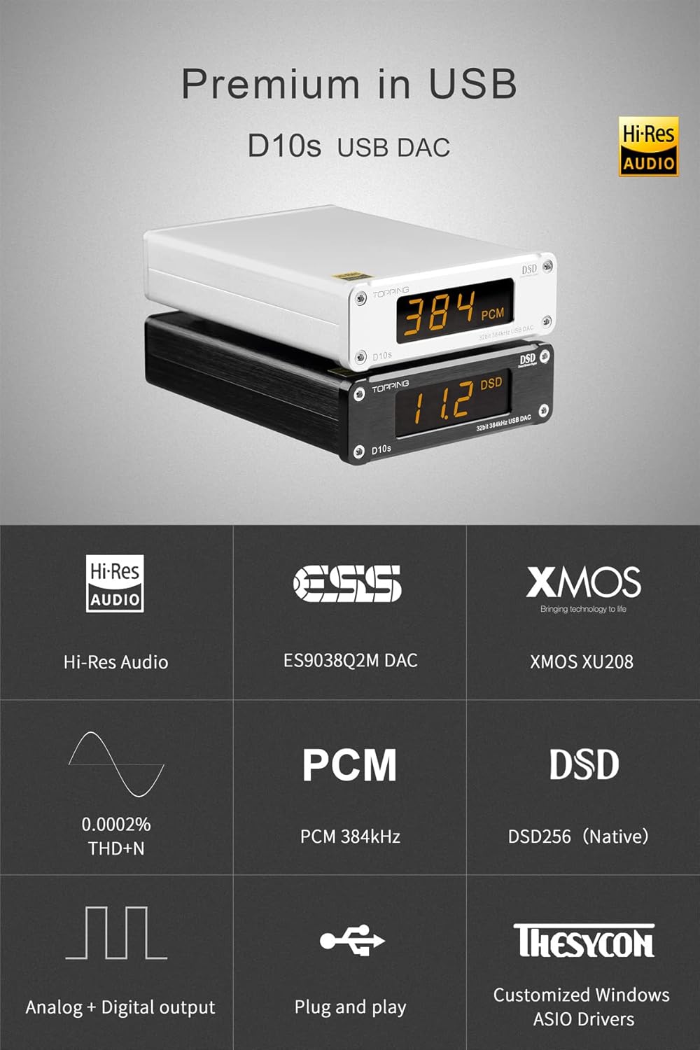 Topping D10s Mini USB DAC ES9038Q2M Nero - immagine 3
