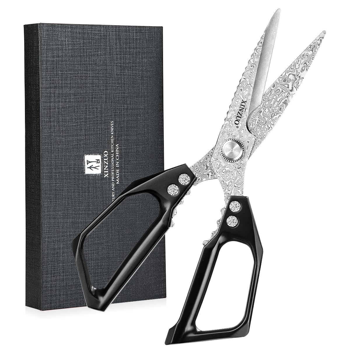 XINZUO Acciaio Damasco Forbici da Cucina, 23.3cm Forbice Cucina Multifunzione 110 Strati Acciaio Damasco Resistenti Affilate Forbici Trinciapollo, Manico Ergonomico in Lega di Alluminio Nero