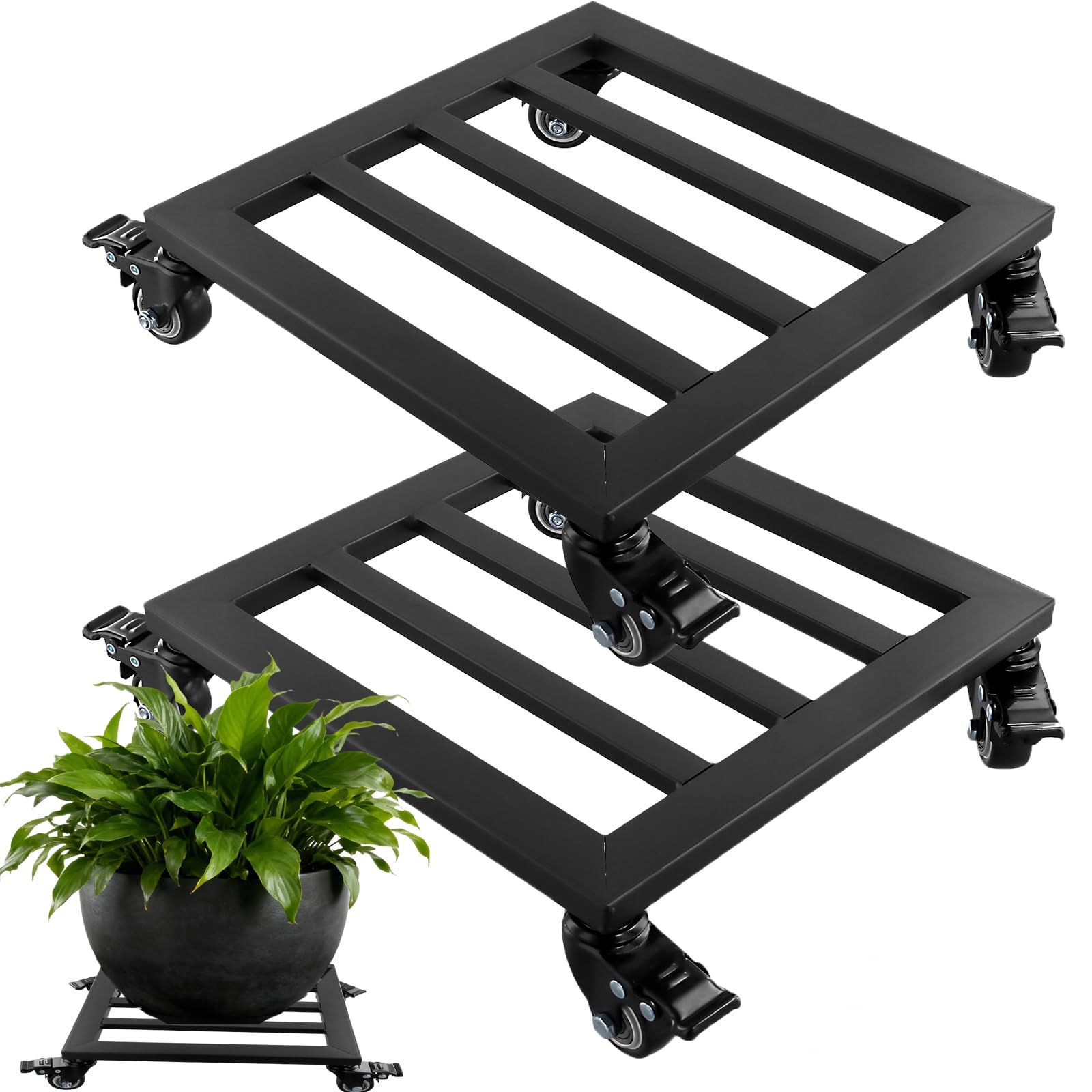 2 Piedini per Vasi Fiori Neri 30cm con Ruote Girevoli