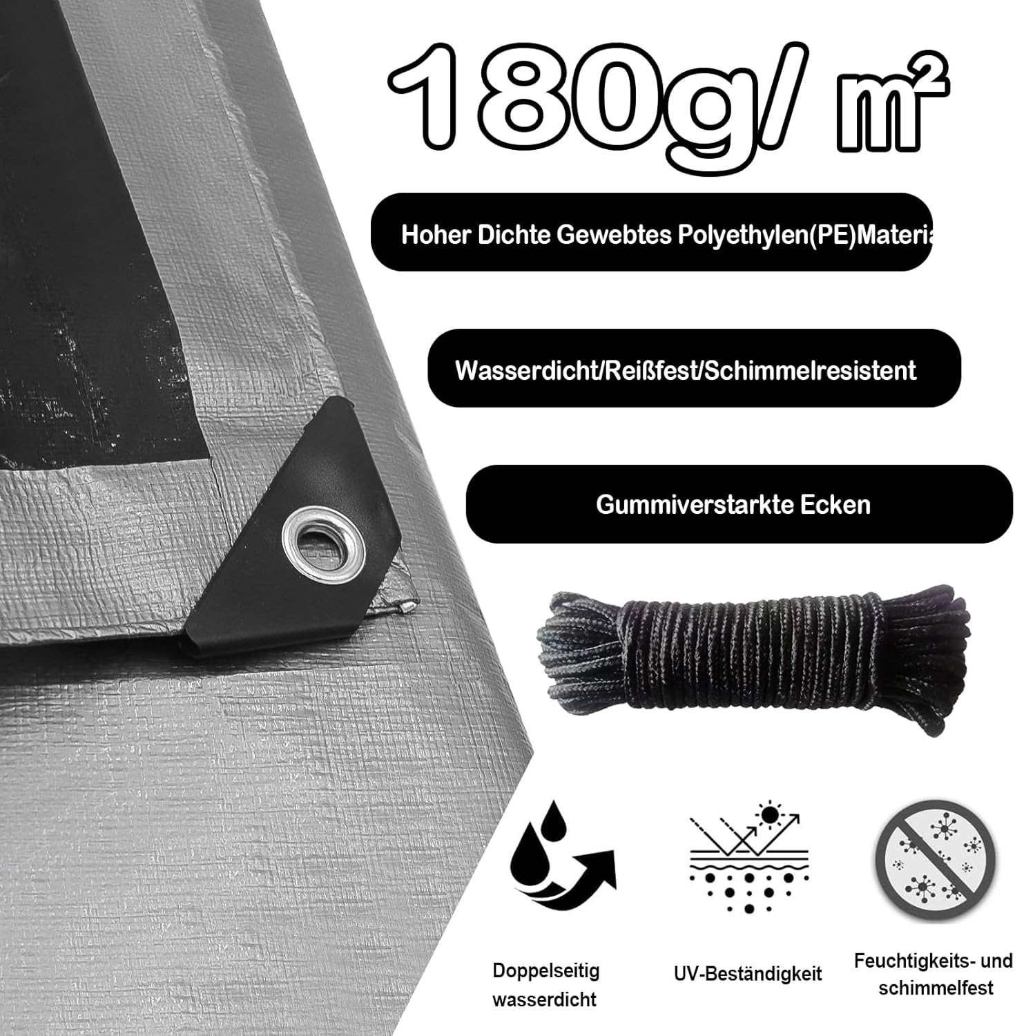 Telone di Copertura 4x6m, 180 g/㎡, Grigio/Nero - immagine 3