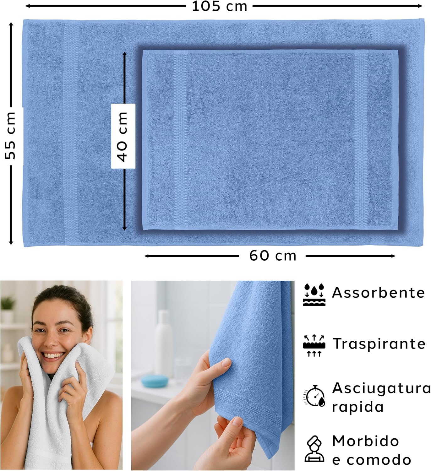 Caleffi Set Asciugamani Bagno Cotone 2 Pezzi, Indigo - immagine 3