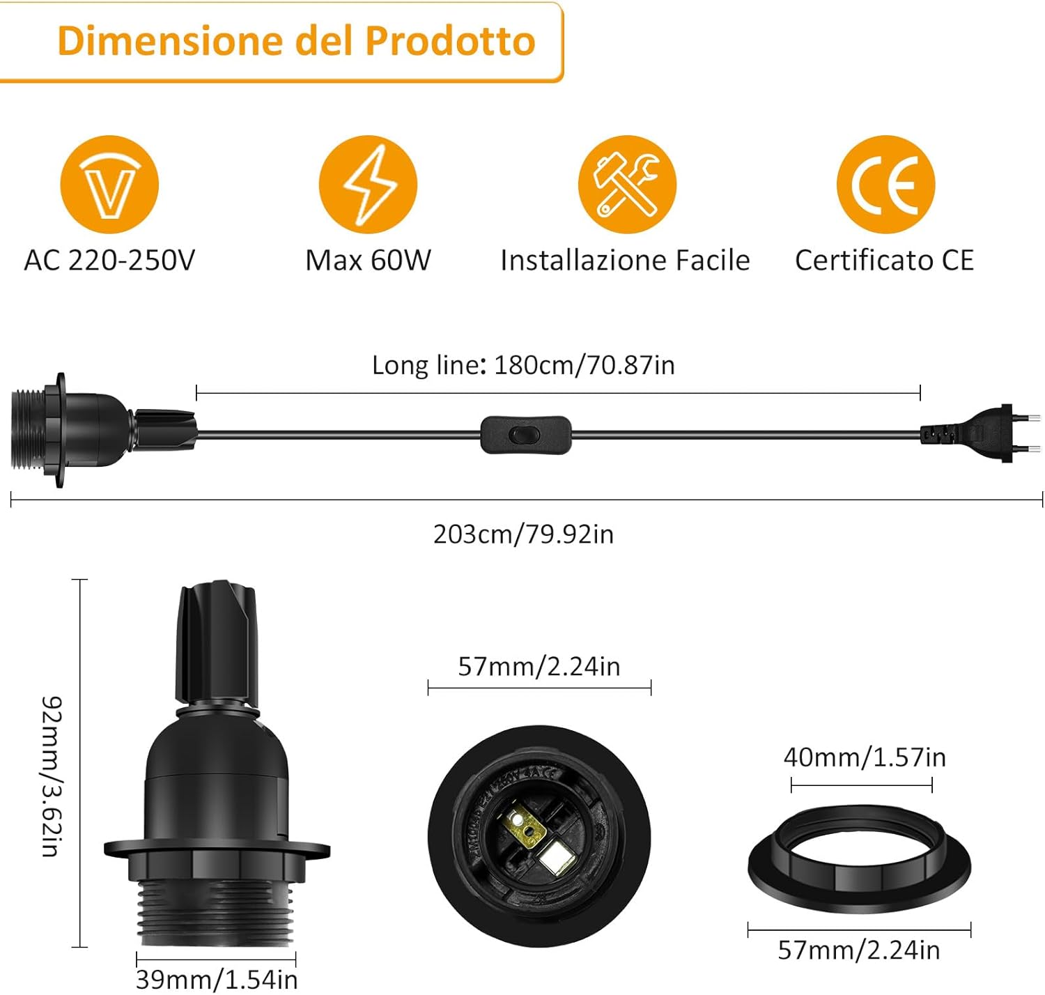 Portalampada E27 Nera per Bottiglia con Interruttore 1,8m (2 pezzi) - immagine 3