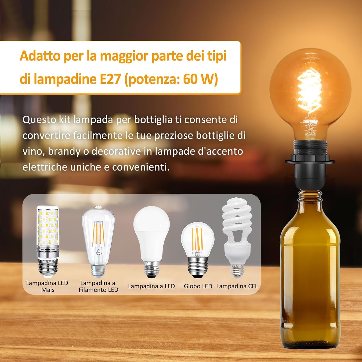 Portalampada E27 Nera per Bottiglia con Interruttore 1,8m (2 pezzi) - immagine 5