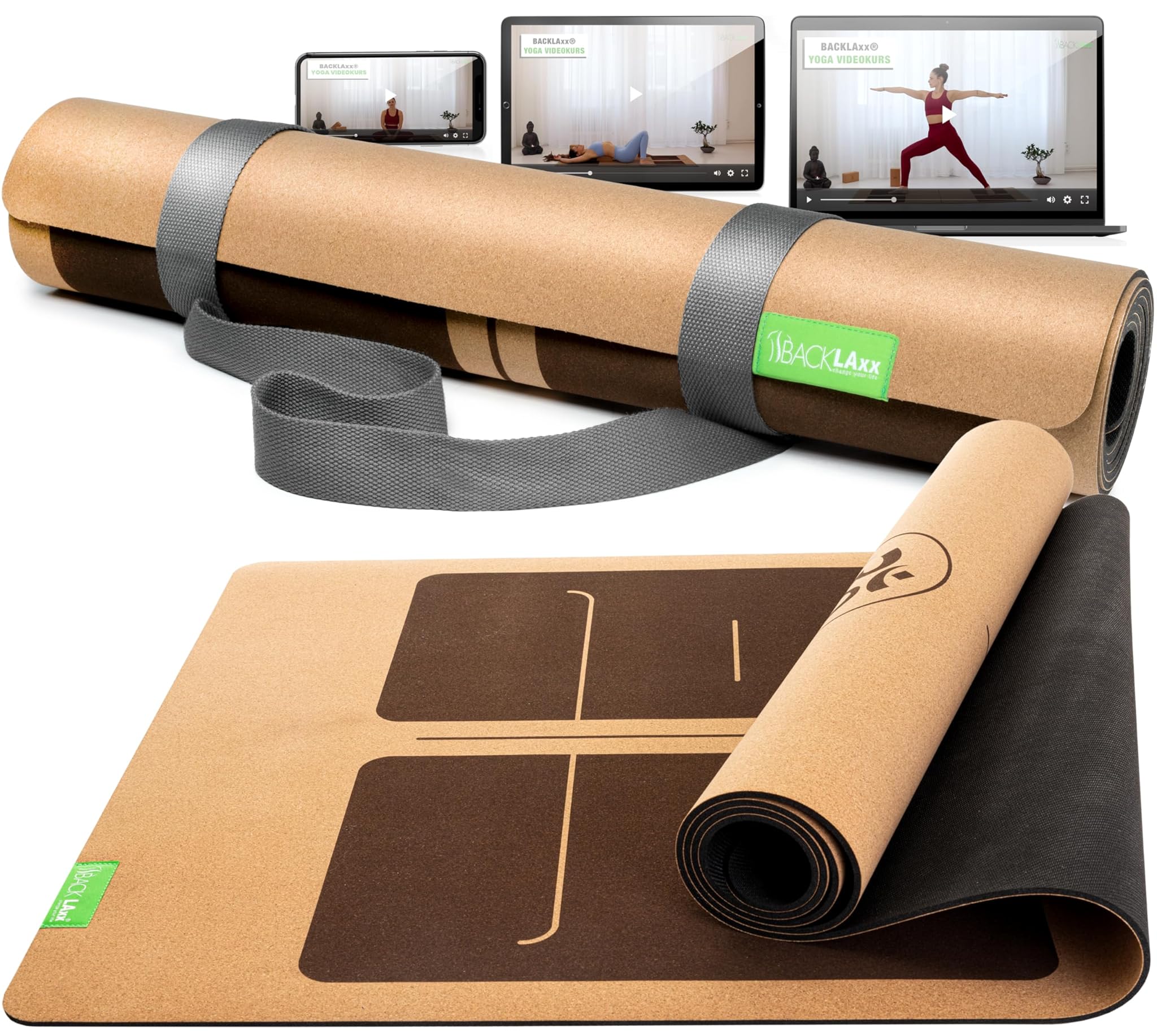 BACKLAxx ® Tappetino Yoga Sughero – Tappeto Yoga Antiscivolo – Tappetini Yoga Professionali Ecologico Tappetini Pilates e Fitness Mat – Tappetino Stretching – Yoga Mat – Materassino Yoga