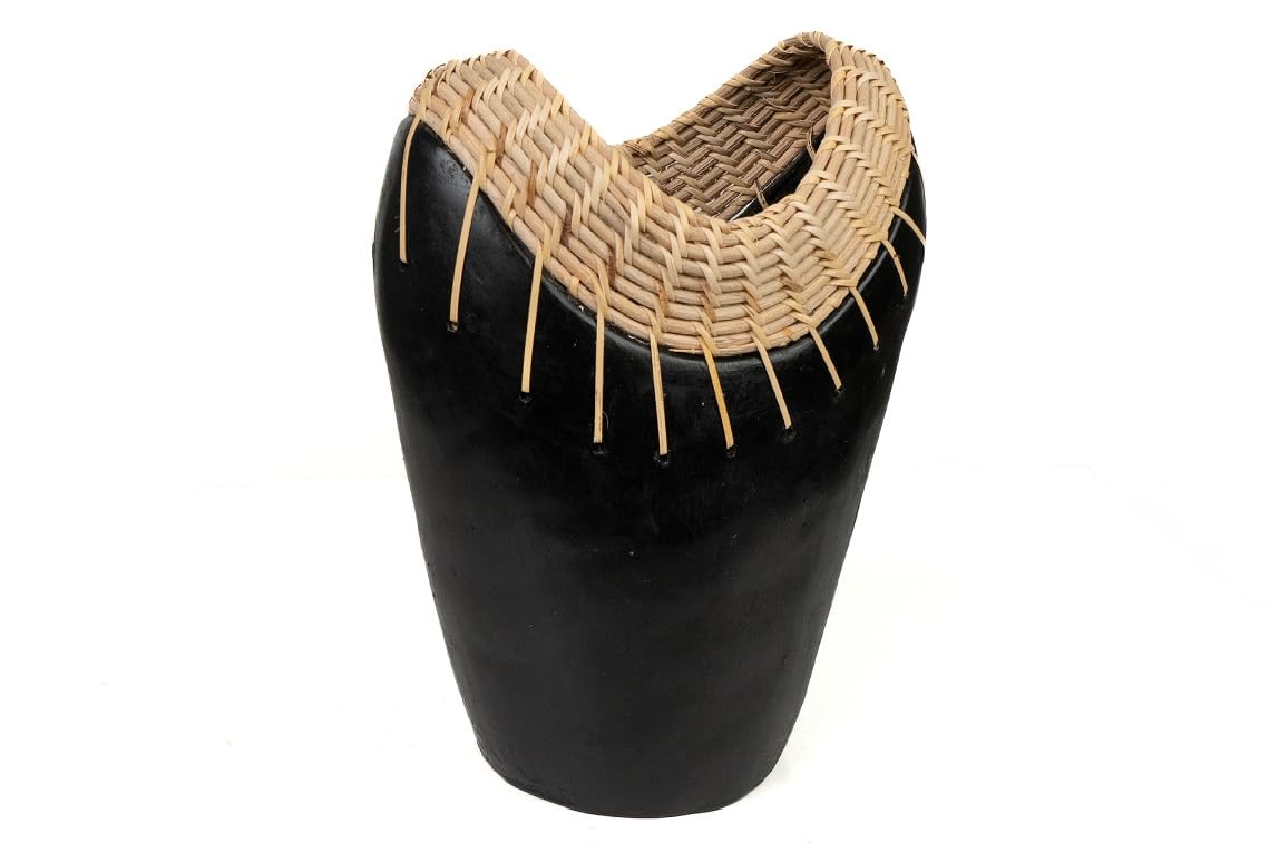 FLORERO CERAMICA NEGRO/RATTAN