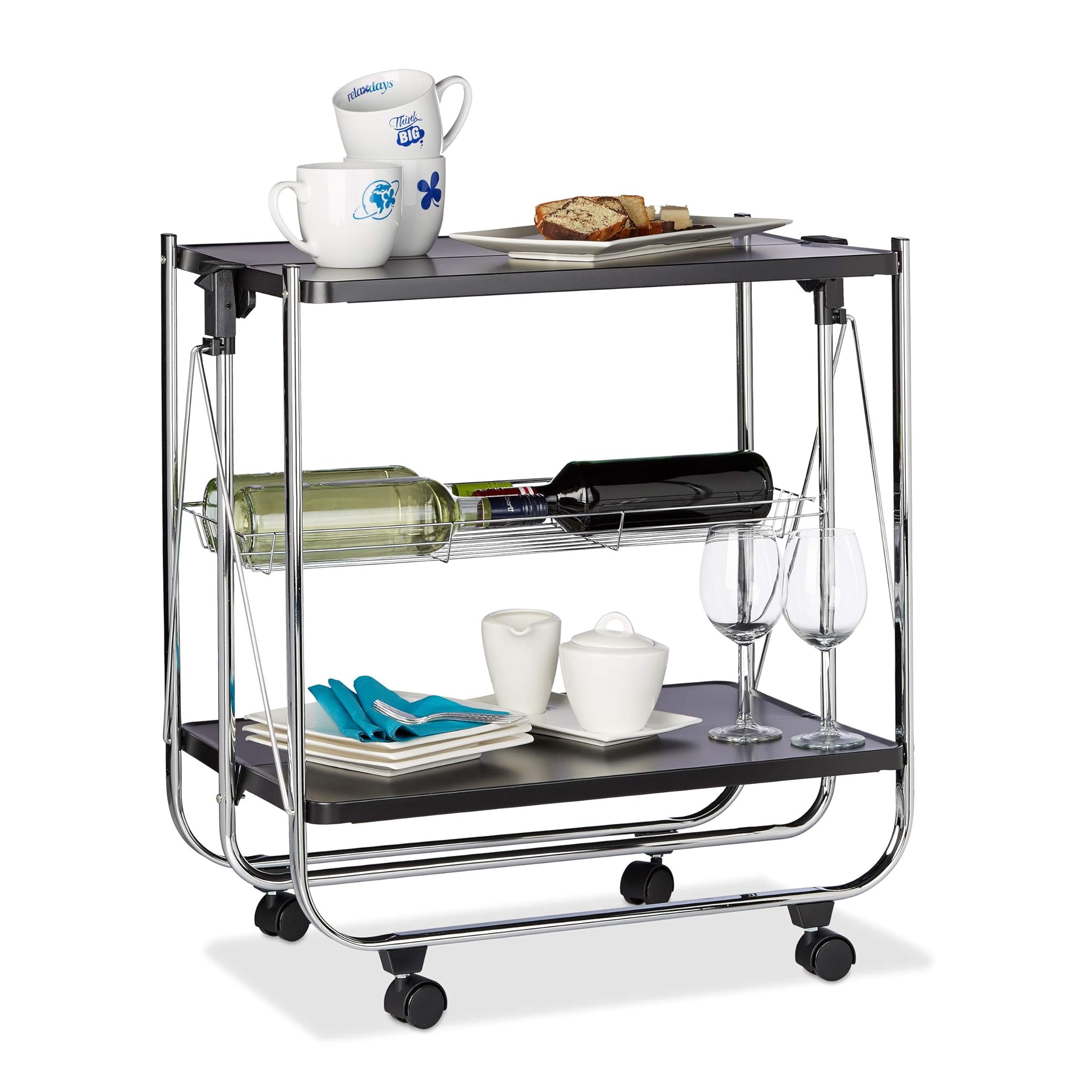 Relaxdays Carrello da Cucina Pieghevole con Cestello, Nero