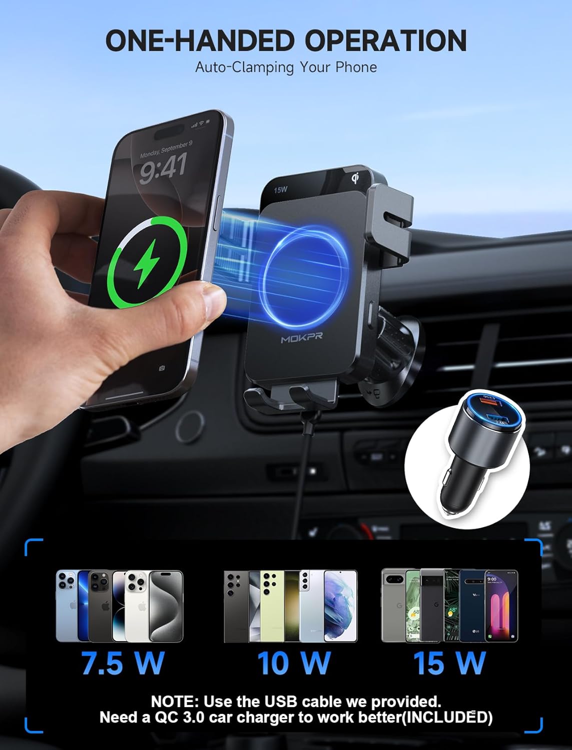 Mokpr Caricatore Wireless Auto 15W con Bloccaggio Automatico - immagine 2