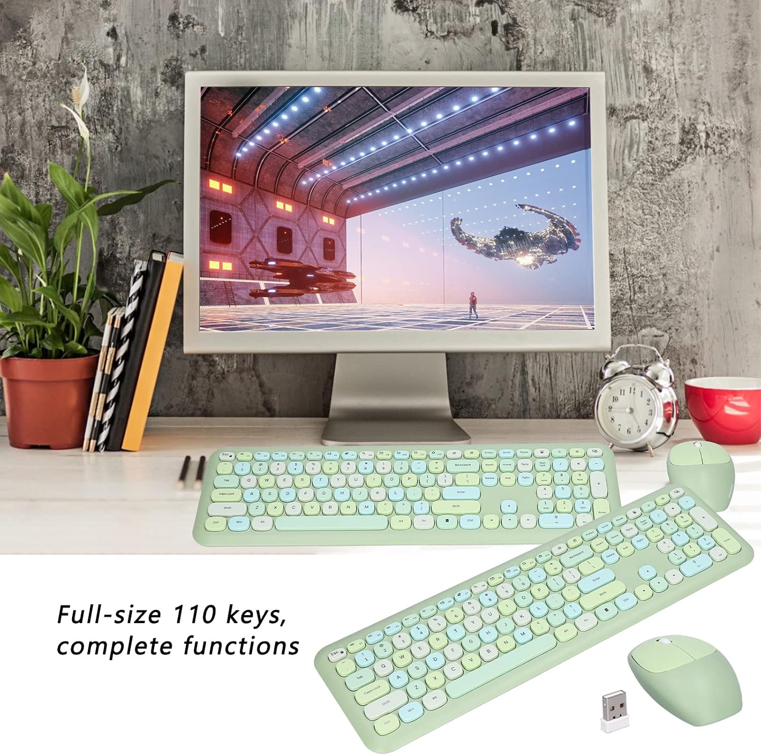 Tastiera Mouse Combo Wireless 2.4G 1200 DPI, Verde - immagine 3