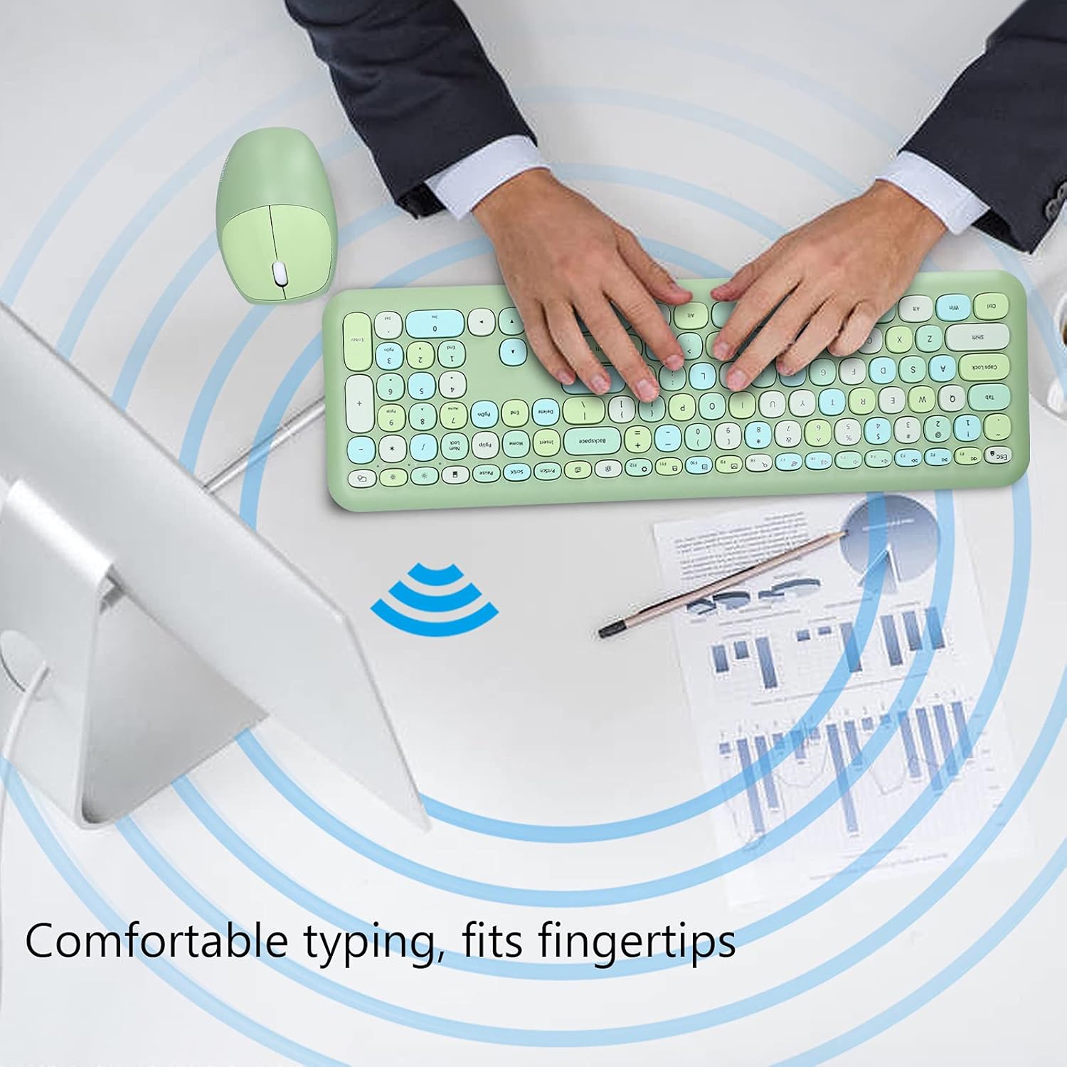 Tastiera Mouse Combo Wireless 2.4G 1200 DPI, Verde - immagine 5