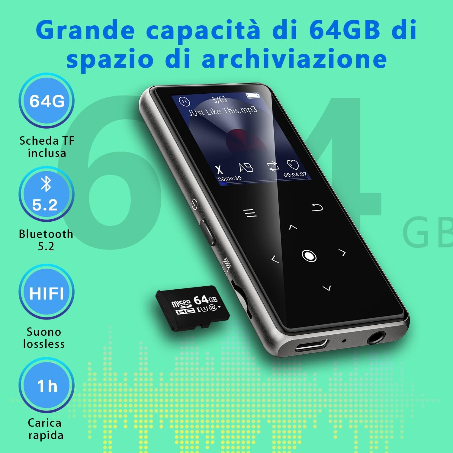 Lettore MP3 Aimoonsa 64GB con Bluetooth 5.2 - immagine 3