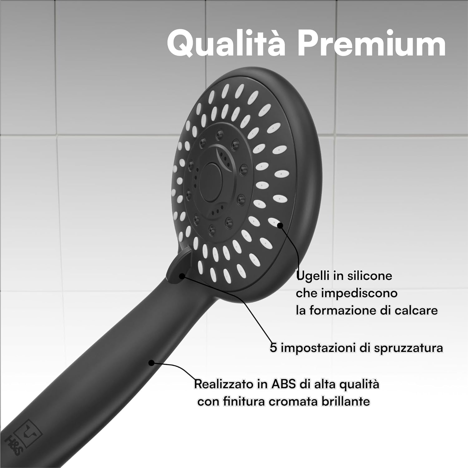 H&s Soffione Doccia Alta Pressione con 5 Modalità, Nero - immagine 3