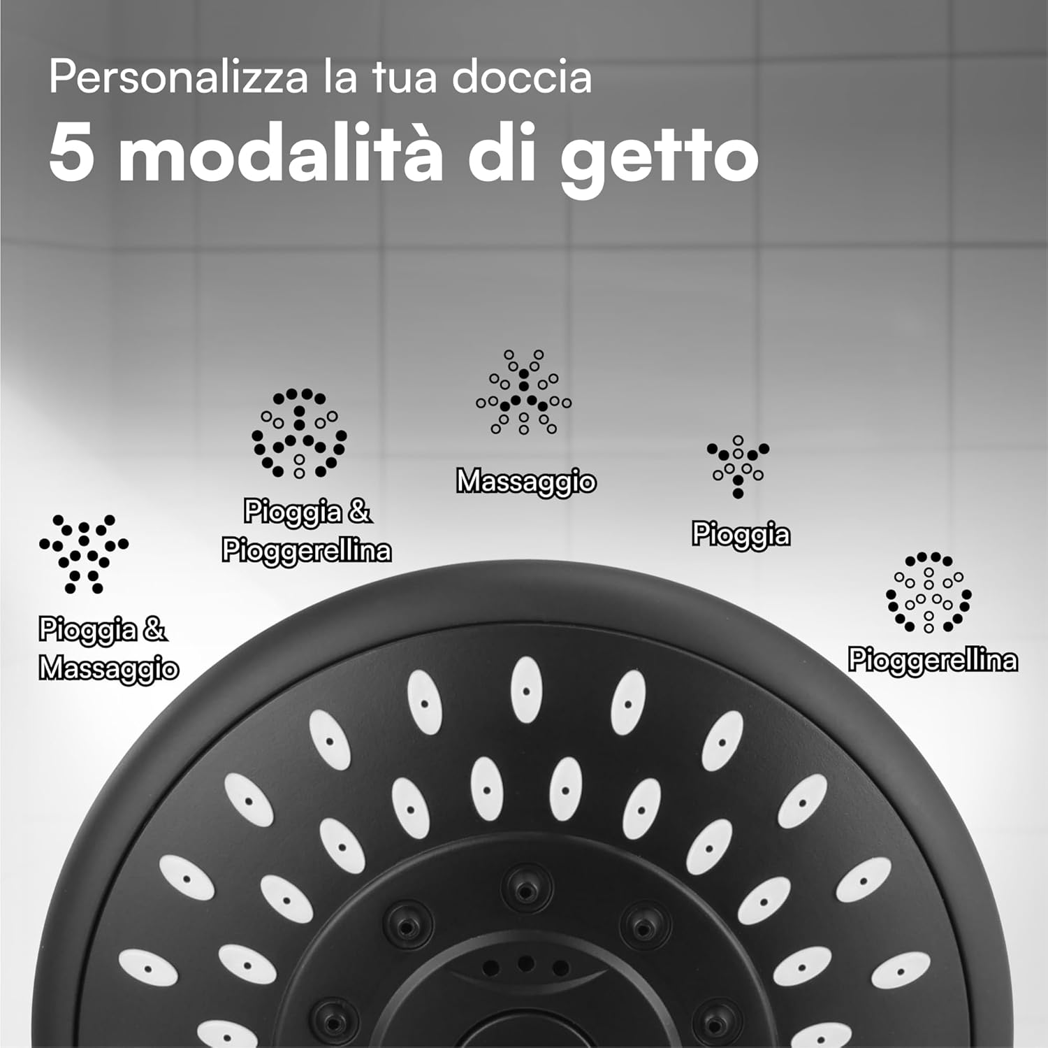 H&s Soffione Doccia Alta Pressione con 5 Modalità, Nero - immagine 4
