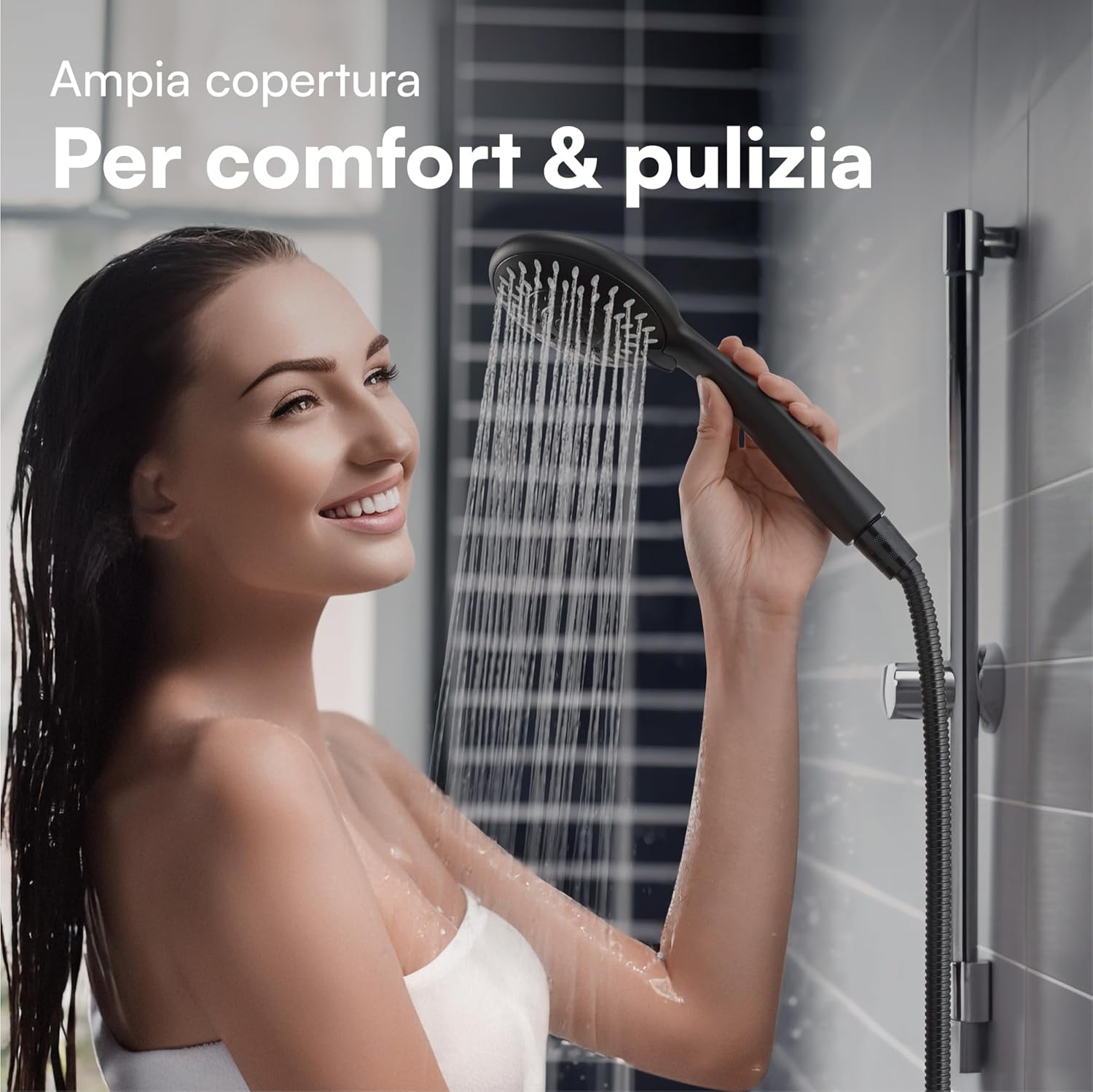 H&s Soffione Doccia Alta Pressione con 5 Modalità, Nero - immagine 5