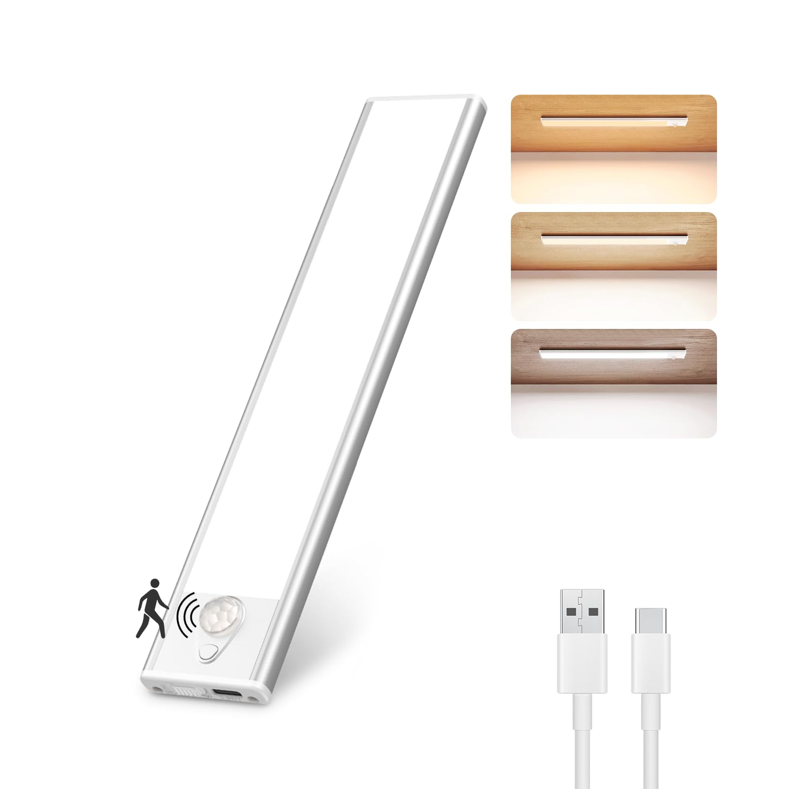 Illuminazione a LED per armadietto, con rilevatore di movimento, alimentata a batteria tramite USB, lampada ricaricabile per armadietto, cucina, armadio, scale, camper