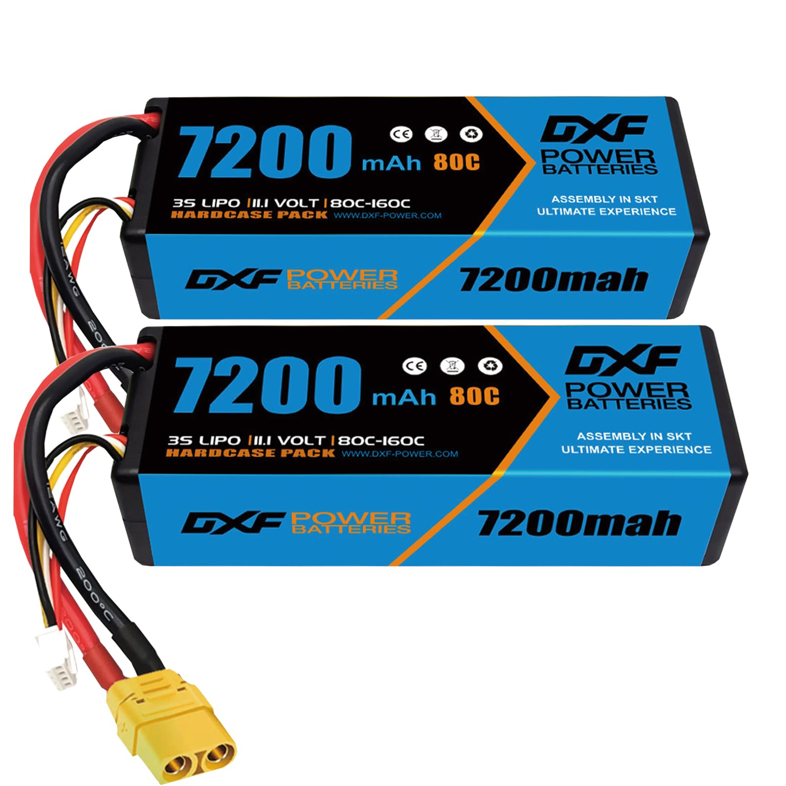 DXF Confezione da 2 confezioni da 3 batterie lipo 7200 mAh, 11,1 V, 80 C, con spina xt90 – lipo 3s perfetto per auto rc, aereo, elicottero, camion 3s lipo ideale per veicoli 1/8 e 1/10 come Tamiya