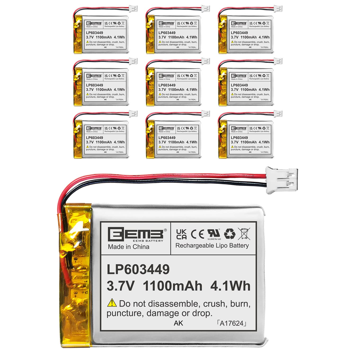 10X Eemb 3.7V 1100mAh 603449 Lipo Batteria Ricaricabile