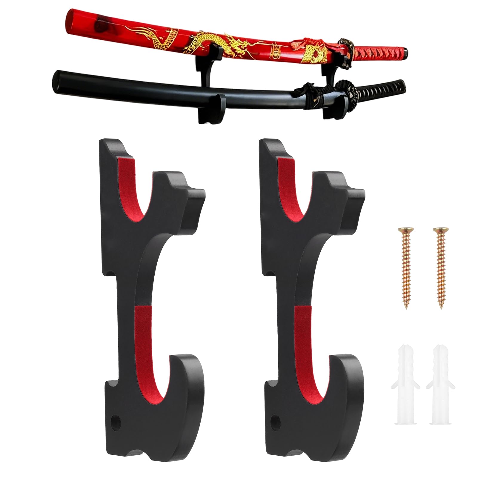 Set di 2 Porta Katana da Muro in Legno Nero, Regolabili Supporto Spada da Parete a 2 Livelli con Imbottitura in Velluto, Espositore per Katana, Spade Samurai, Spada Laser, Tanto, Wakizashi, Cosplay