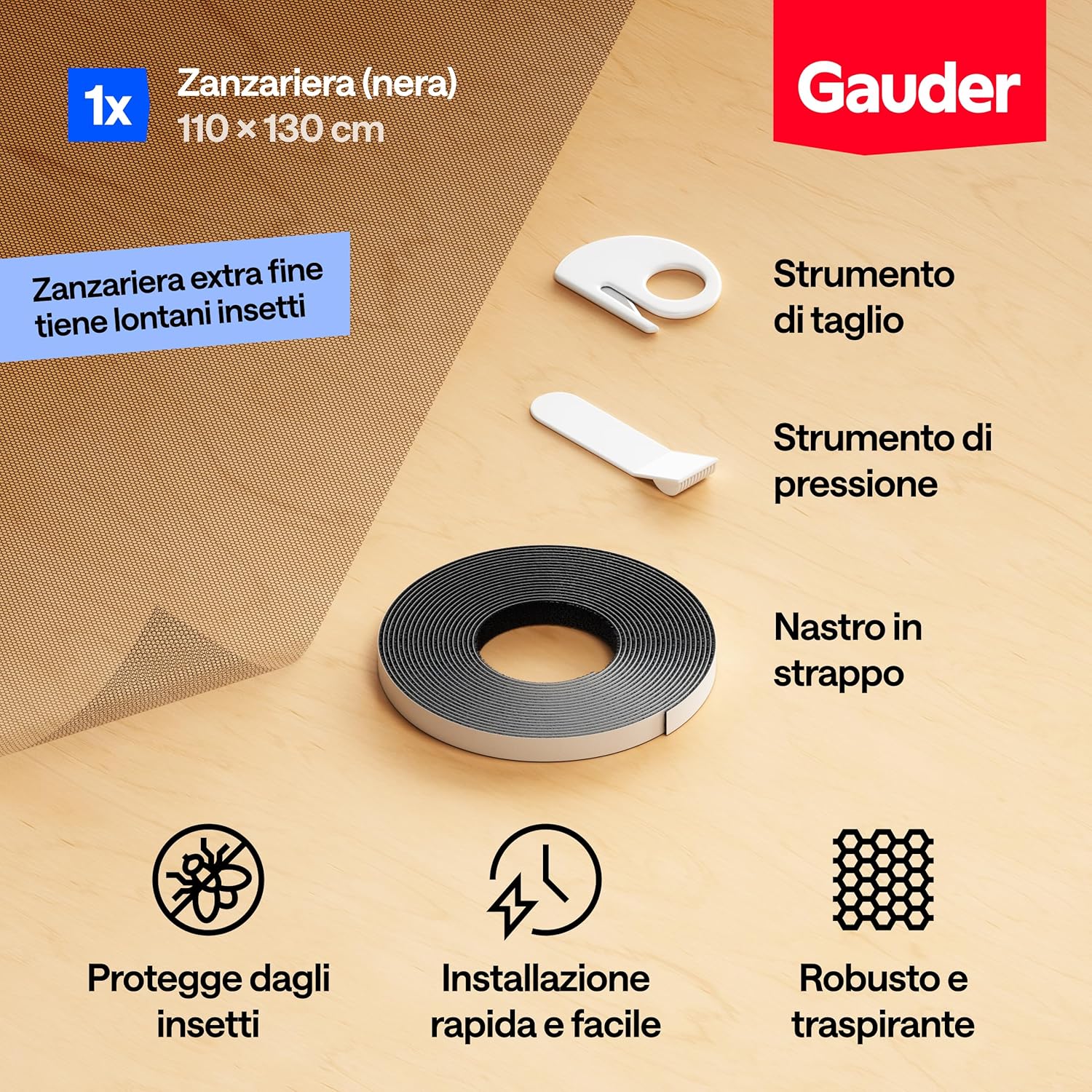 GAUDER Zanzariera per Finestra 110x130 cm, Nera - immagine 3