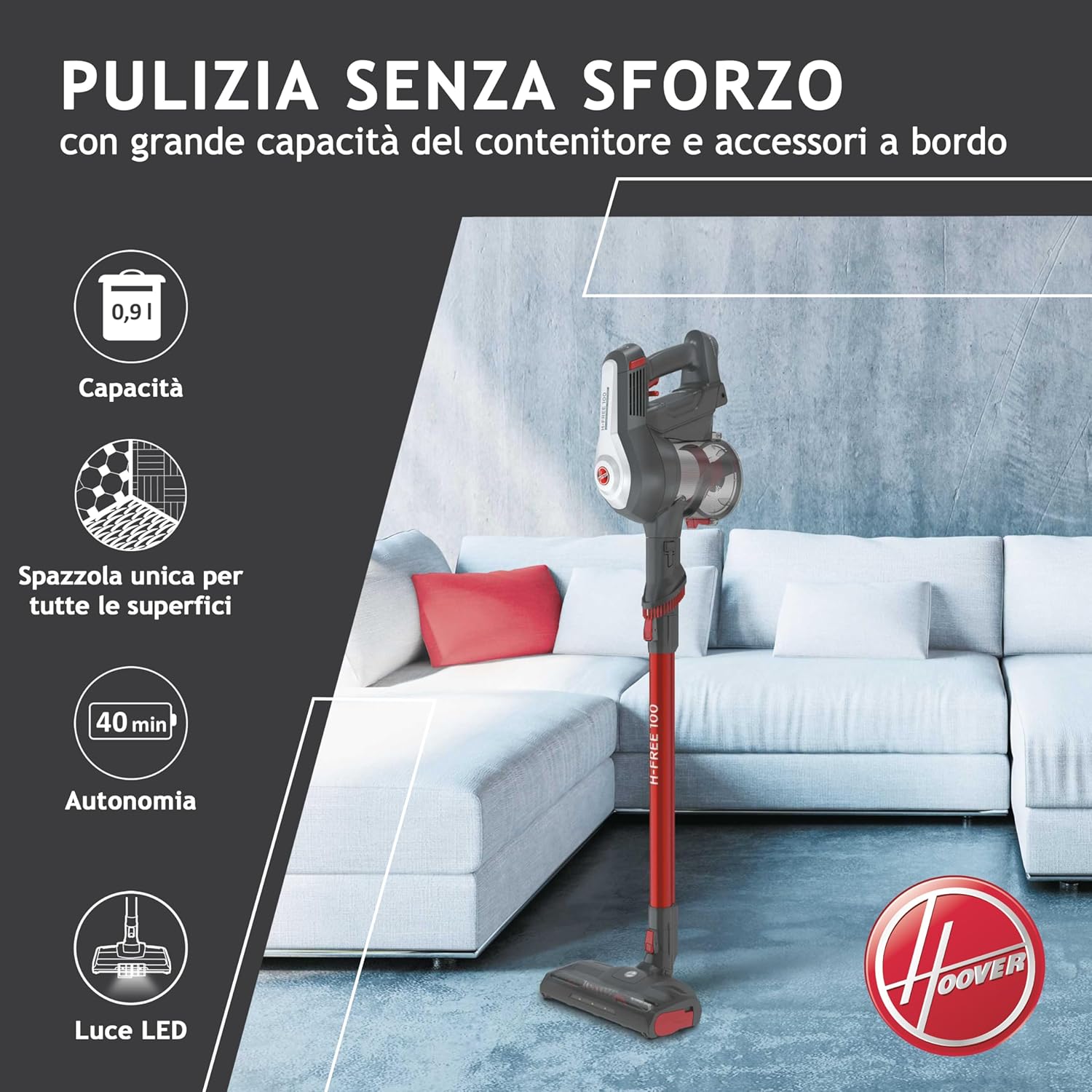 Hoover H-FREE 100 HF122GPT 011 - Aspirapolvere Senza Fili 40min, Rosso - immagine 2