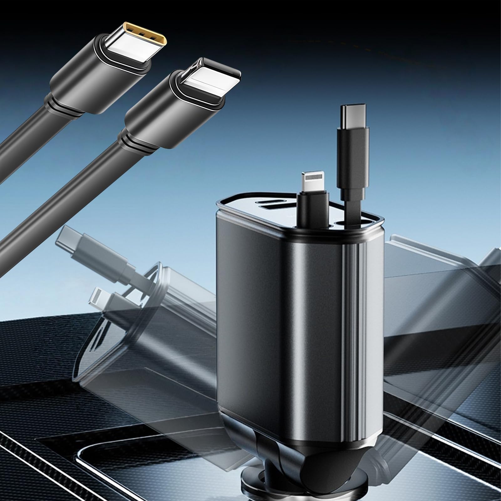 Caricatore Auto USB C, 4-in-1 Retrattile PD 3.0 Accendisigari USB, Ricarica Rapido Caricabatterie, Accessori Auto Campeggio Viaggio,per iPhone/Samsung/Android, Ideale per Auto 12V/24V