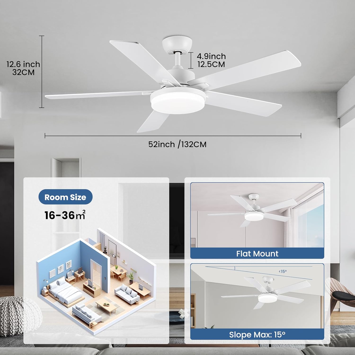 Newday Ventilatore da Soffitto 132cm con Luce, Bianco - immagine 6