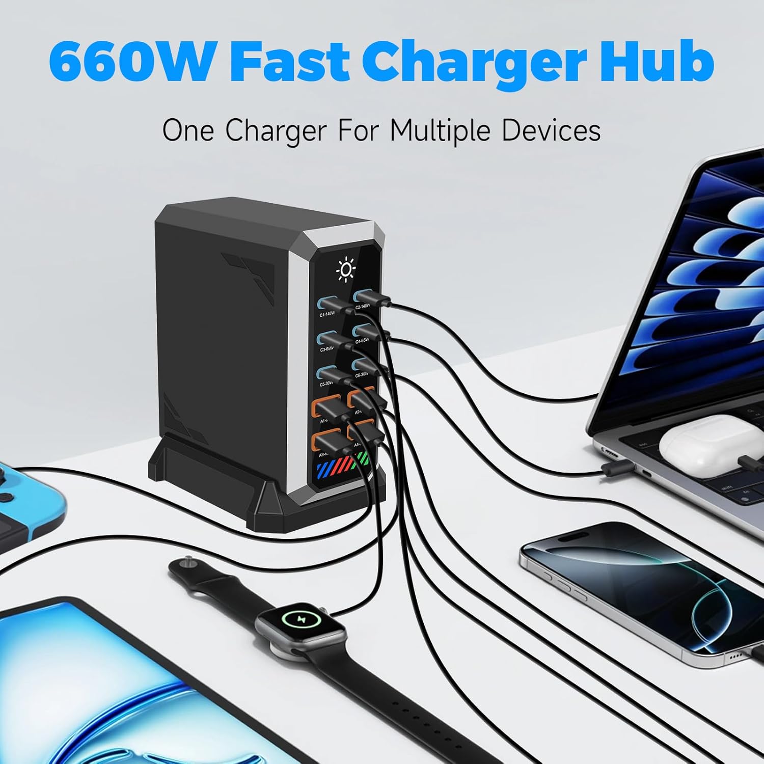 Caricatore USB C 660W 10 Porte Gan Power - immagine 3