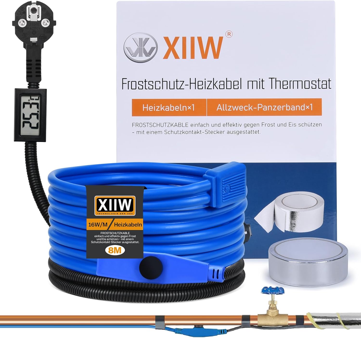 Cavo di riscaldamento antigelo da 8M con termostato e indicatore di temperatura, 230V, cavo riscaldante per tubi, 16W/M per tubazioni dell'acqua, cavo riscaldante impermeabile per tubazioni - immagine 1