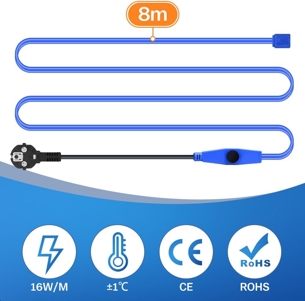 Cavo di riscaldamento antigelo da 8M con termostato e indicatore di temperatura, 230V, cavo riscaldante per tubi, 16W/M per tubazioni dell'acqua, cavo riscaldante impermeabile per tubazioni - immagine 2