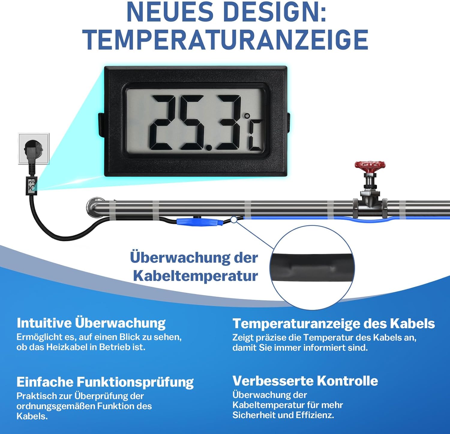Cavo di riscaldamento antigelo da 8M con termostato e indicatore di temperatura, 230V, cavo riscaldante per tubi, 16W/M per tubazioni dell'acqua, cavo riscaldante impermeabile per tubazioni - immagine 5