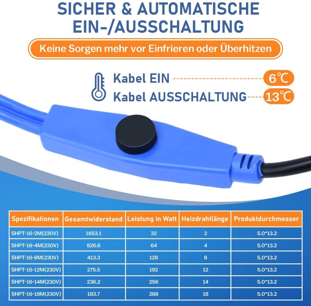Cavo di riscaldamento antigelo da 8M con termostato e indicatore di temperatura, 230V, cavo riscaldante per tubi, 16W/M per tubazioni dell'acqua, cavo riscaldante impermeabile per tubazioni - immagine 6