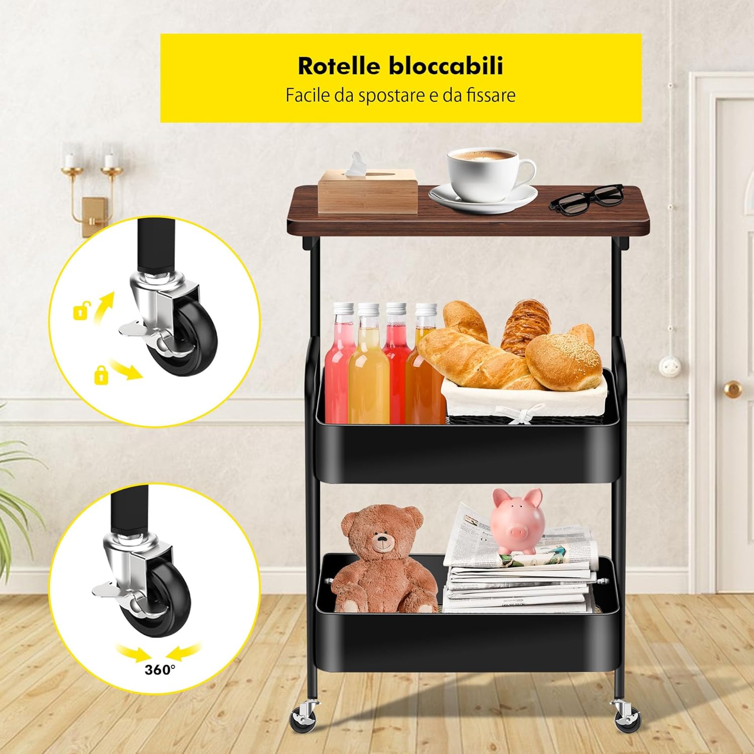 Mimoke Carrello a 3 Livelli con Ruote, Nero - immagine 5