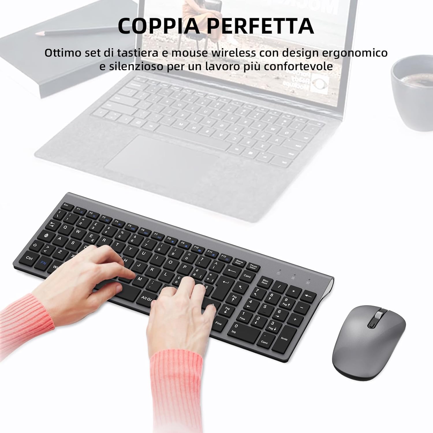 Cimetech Tastiera e Mouse Wireless Layout Italiano, Grigio - immagine 2