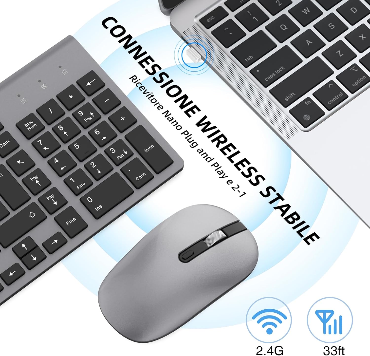Cimetech Tastiera e Mouse Wireless Layout Italiano, Grigio - immagine 3