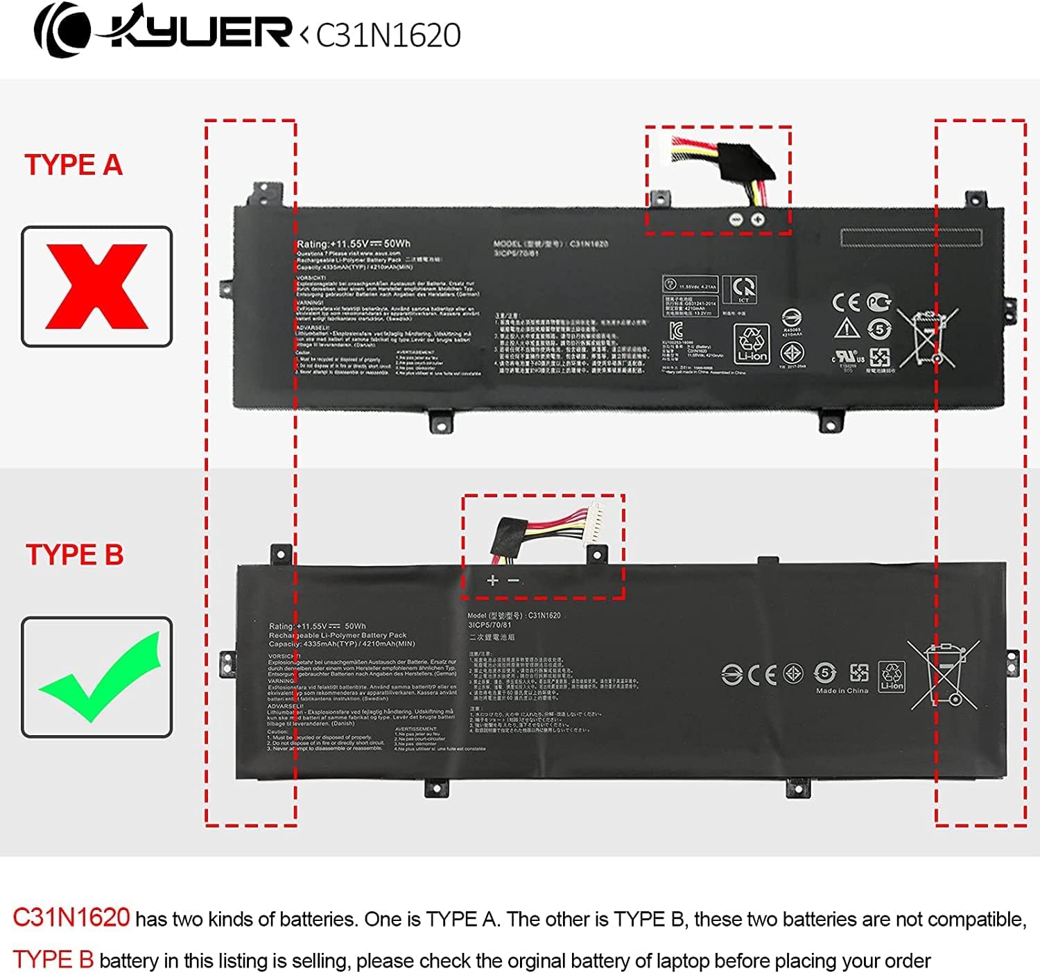 K Kyuer Batteria 50Wh C31N1620 per Asus Zenbook - immagine 2