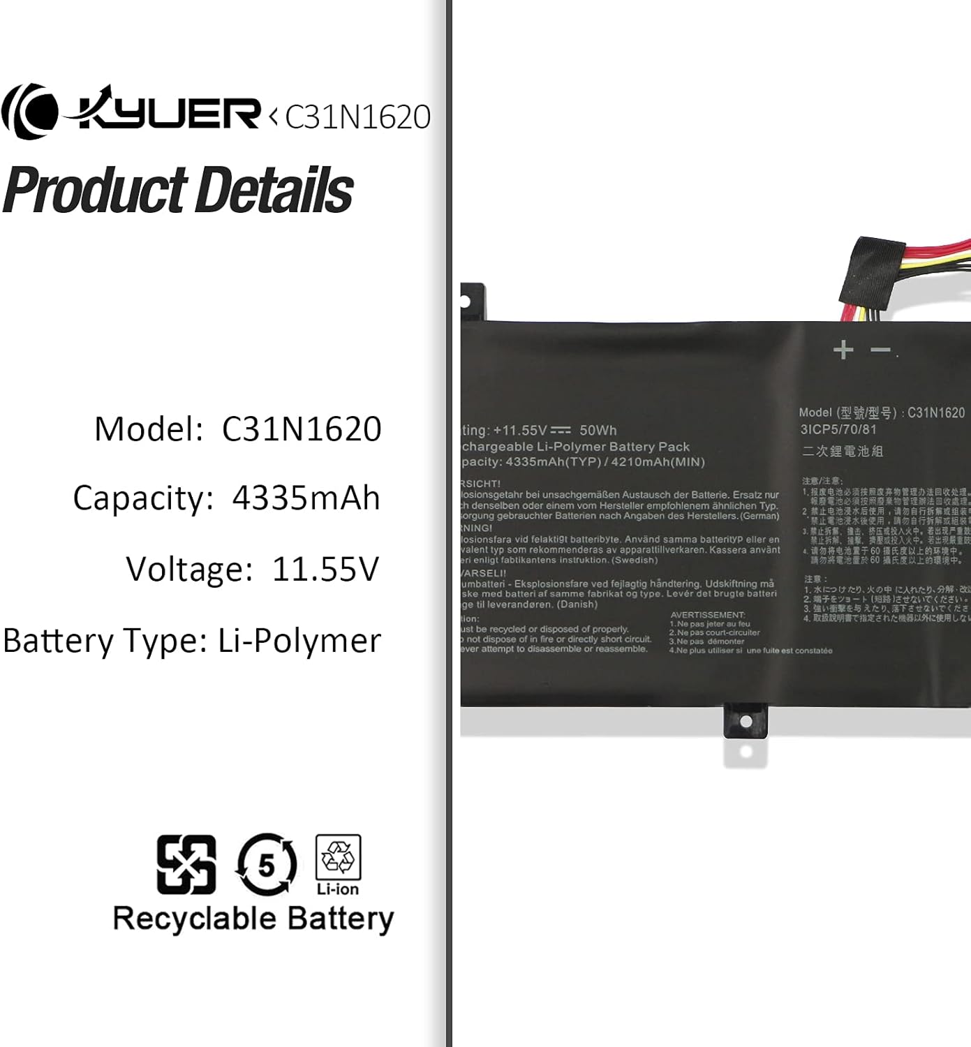 K Kyuer Batteria 50Wh C31N1620 per Asus Zenbook - immagine 3