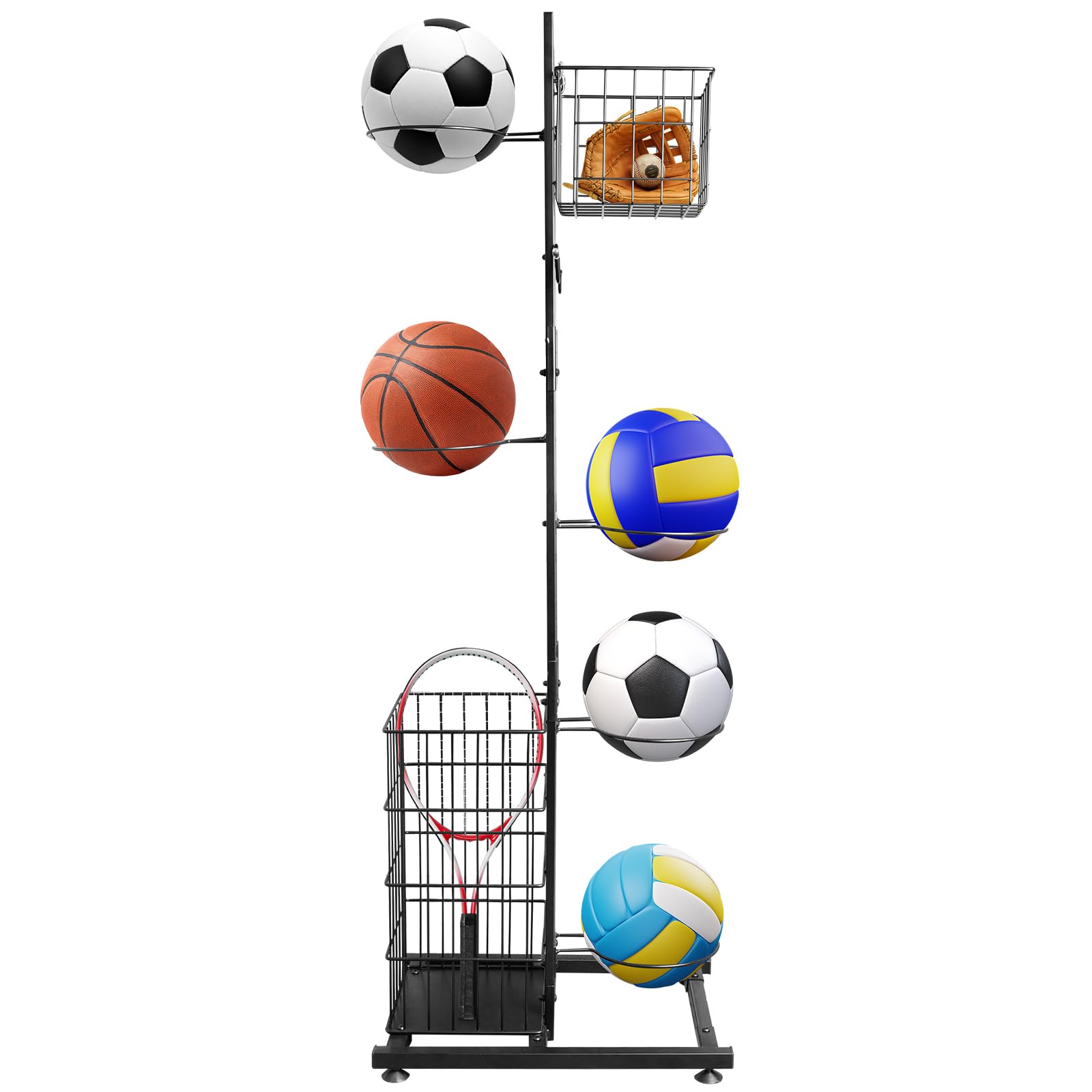 Mensola da basket con supporto per palloni da pallacanestro con 5 scomparti e cesti per attrezzature sportive, ripiano verticale rimovibile per riporre la palla