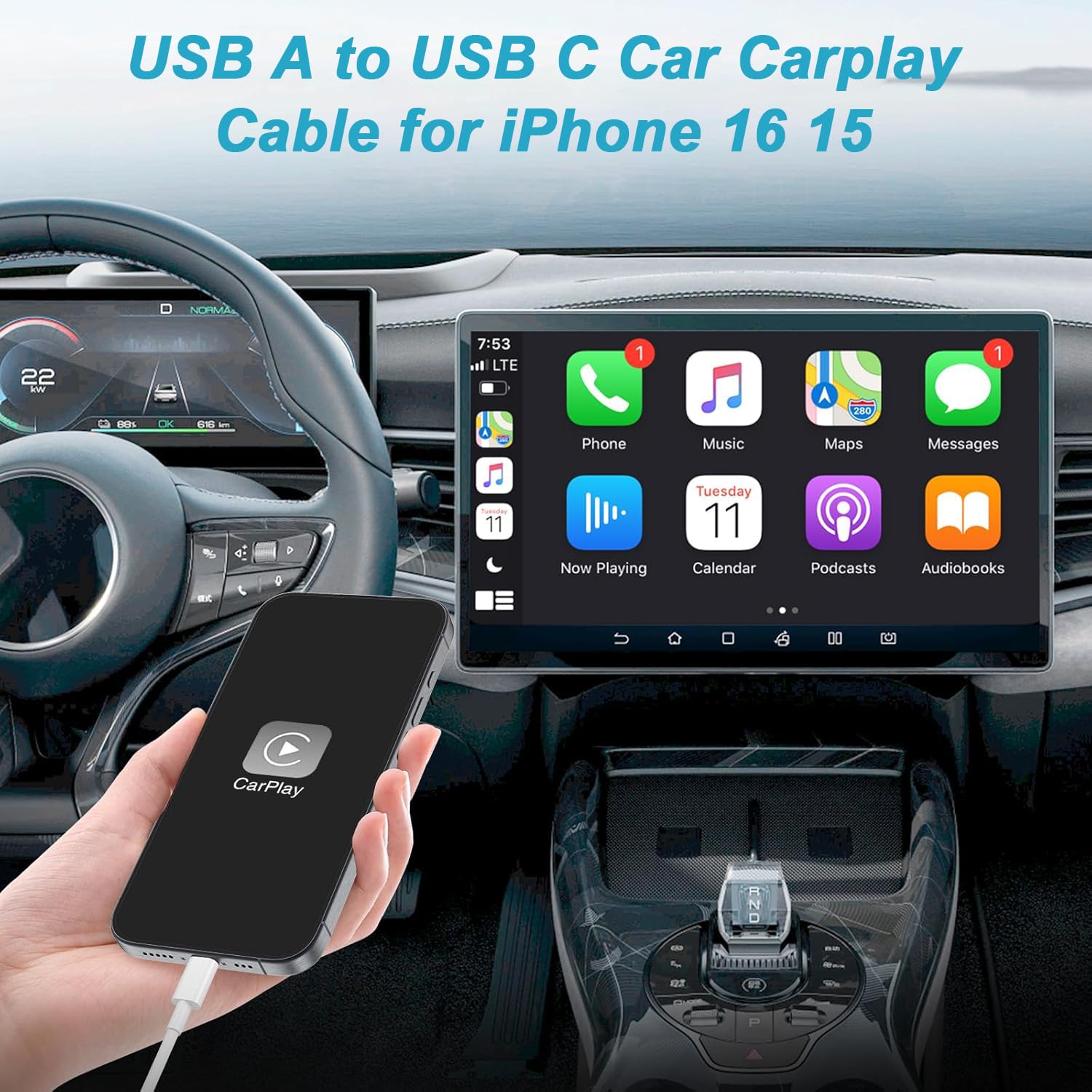 Cavo Carplay USB C 1M+2M per iPhone 16 15 Auto - immagine 2