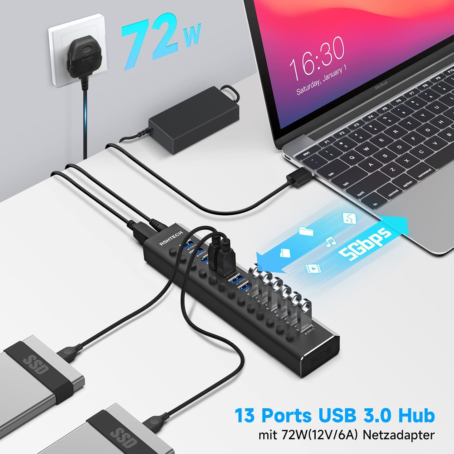 Rshtech Hub USB 3.0 Alimentato 13 Porte 72W - immagine 2