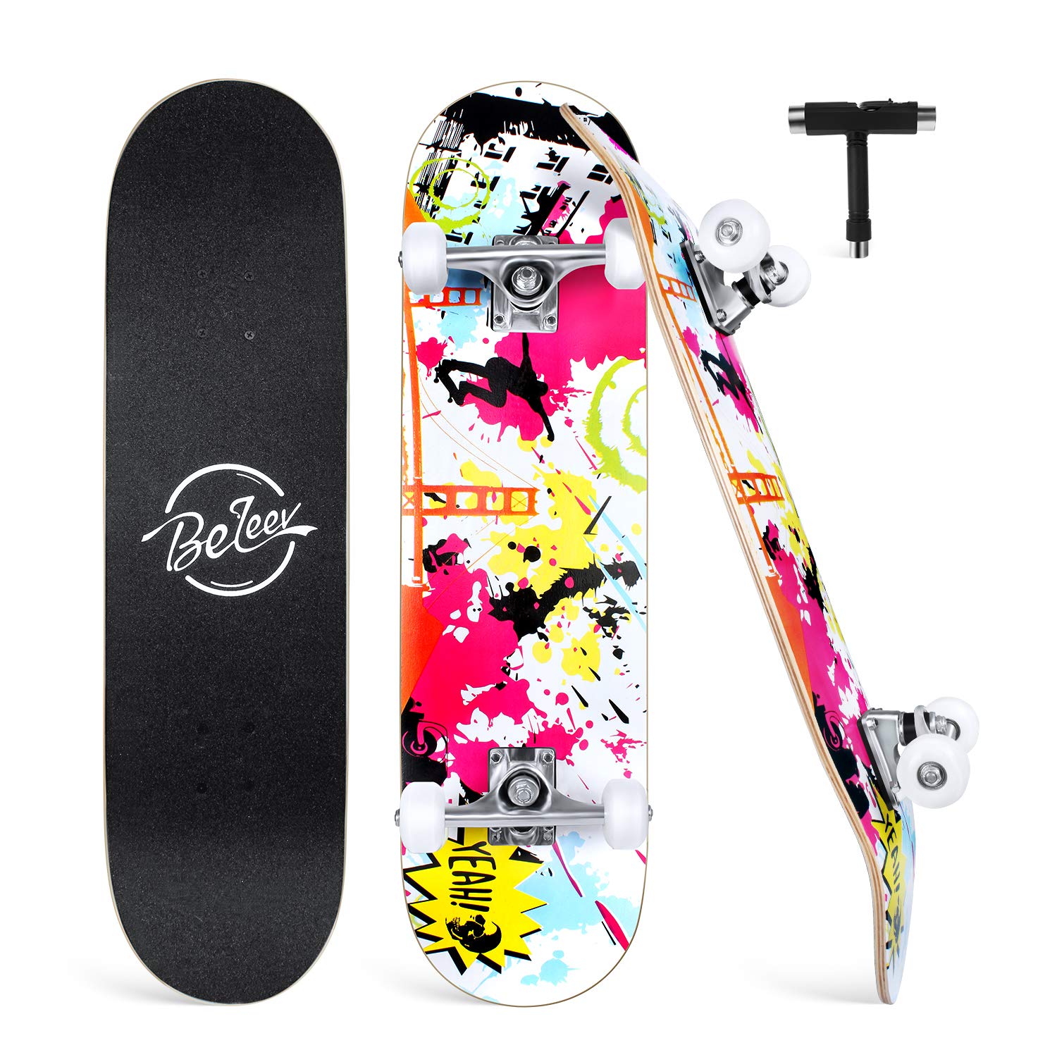 BELEEV Skateboard 31x8 per Principianti, Bambini, Adolescenti e Adulti, Completo Pro Cruiser Skateboard per Ragazza Ragazzo, Acero Canadese a 7 Strati, Doppio Vassoio Concavo, con Strumento a T