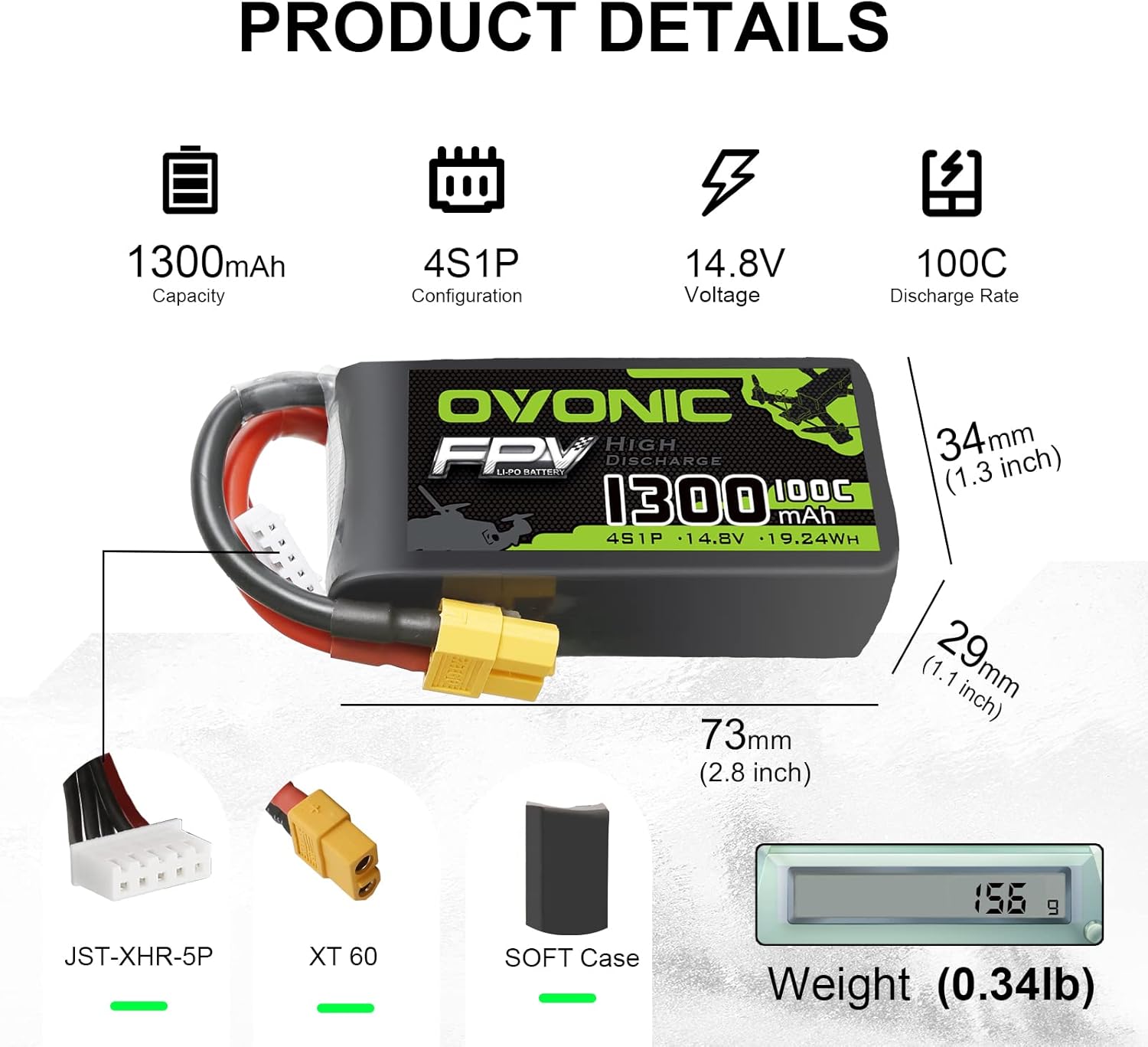 Ovonic Batteria Lipo 4s 14.8V 1300mAh 100C (2 pz) - immagine 2
