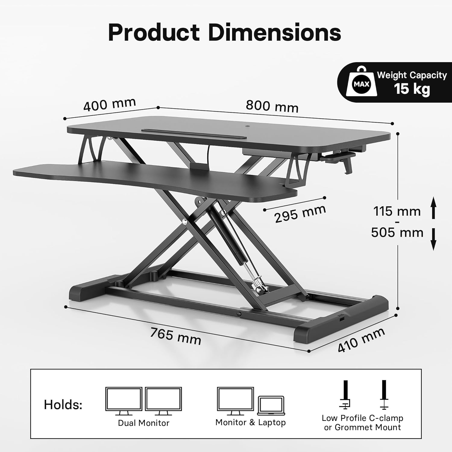 Bontec Convertitore Scrivania In Piedi 800mm, Nero - immagine 2