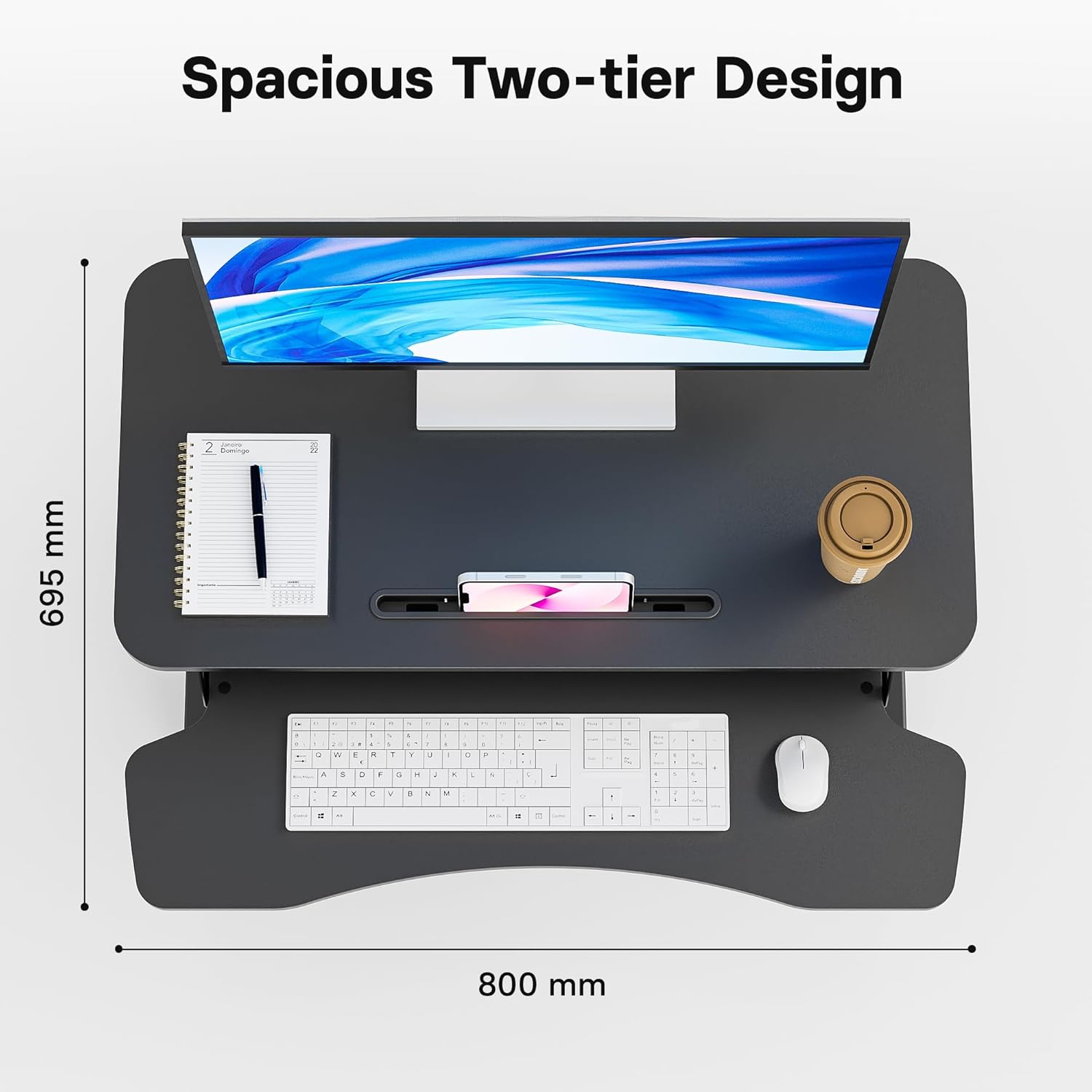 Bontec Convertitore Scrivania In Piedi 800mm, Nero - immagine 4